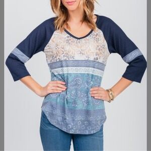 One World 3/4 Sleeve Top Pullover Waffle V-neck Raglan Sleeves Large Navy Blue